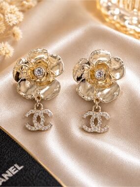 CHANEL Gold Camellia Drop Earrings with Crystal CC Motif